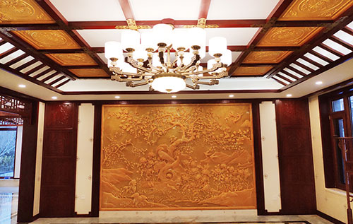 西藏中式别墅客厅中式木作横梁吊顶装饰展示